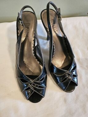 Nickels Black Patent Slingback Peep-Toe Heels with Crisscross Straps